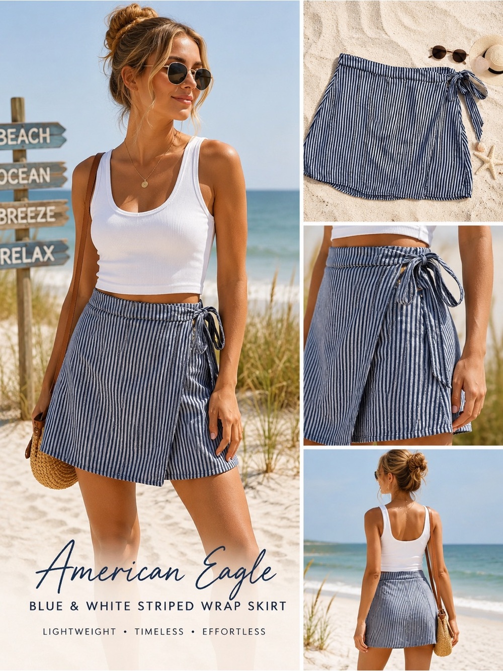 American Eagle Blue White Striped Wrap Skirt Women’s‎ SZ S Tie Nautical Coastal